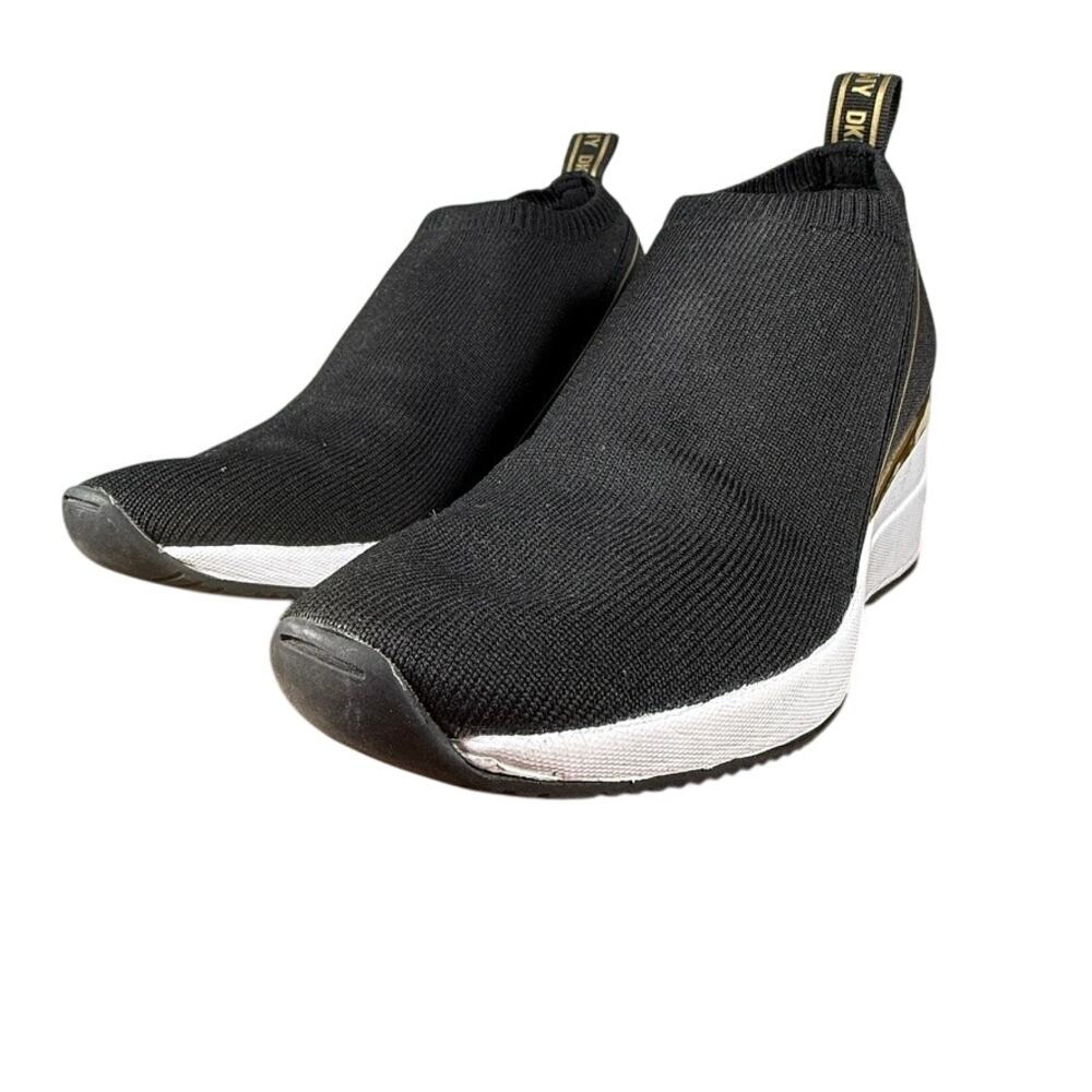 DKNY Women's Black Gold Knit Slip-On Wedge Platform Sneakers Size 7.5 - Picture 2 of 10